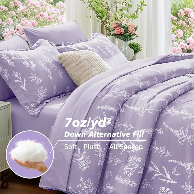 MUXHOMO Lavender Cal King Comforter Set, Elegant Floral Print Bed in a Bag 7 Pieces, Ultra Soft & Breathable Reversible Botanical Pattern Bedding Set with Comforter, Sheets, Pillowcases, and Shams