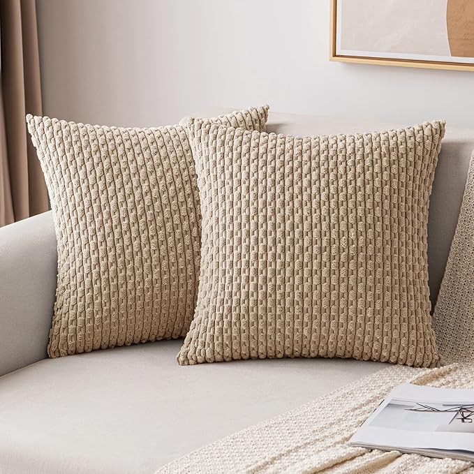 MIULEE Pack of 2 Decorative Throw Pillow Covers 16x16 Inch Soft Boho Striped Textured Corduroy Pillow Covers Modern Farmhouse Home Decor for Couch Bed Sofa Living Room Neutral Tan