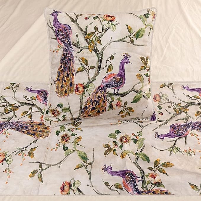The HomeCentric King Queen Twin Ivory & Multicolor Decorative Queen 74"x18" Bed Runner Without Pillow Cover, Peacock Bed Scarf on Cotton Printed with Beads Fabric - Peacock Queen