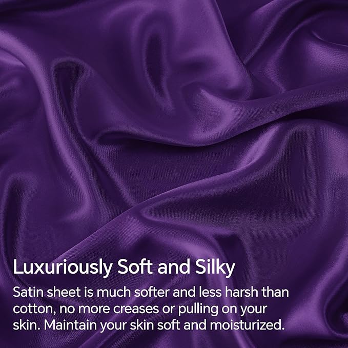 BEDELITE California King Sheets Set, Luxury Soft Plum Purple Satin Sheets for Hair and Skin, Similar to Silk Bed Sheets Set 4 Pieces with 1 Deep Pocket Fitted Sheet, 1 Flat Sheet, and 2 Pillowcases