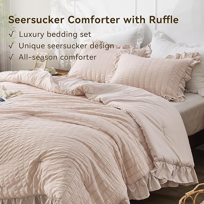 JOLLYVOGUE Beige Twin Size Comforter Set, 2 Pieces Seersucker Lightweight Fluffy Bedding Set, Twin Ruffle Comforter, All Season Soft Microfiber Shabby Chic Bed Set