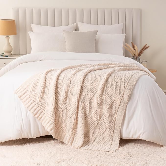 Battilo White Diamond Knit Throw Blanket for Couch and Bed, Ivory Soft Textured Chenille Blanket, Cozy Lightweight Decorative Blanket for Sofa, 50"x60"