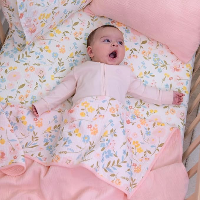 Muslin Baby Blankets for Girls, 40"x36" Toddler Blanket, Reversible Soft Baby Blankets for Girls, 100% Cotton Toddler Bed Blanket Oeko-TEX Designed in France - Flower + Pink Nursery Blanket