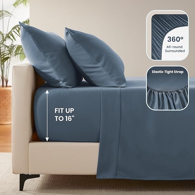 SLEEP ZONE Nanotex Super Soft Cooling Twin Bed Sheets Set for Kids 3 Piece - Easy Care Fitted Flat Sheet & Pillowcase Sets - Wrinkle Free, Fade Resistant, Deep Pocket 16" (Flint Blue, Twin)