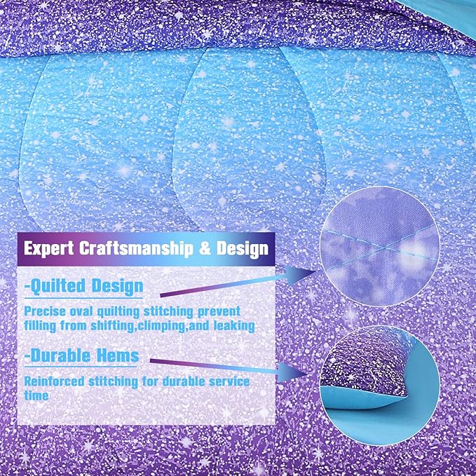 JQinHome Glitter Comforter Set Twin Size,6 Piece Bed in A Bag 3D Colorful Ombre Bedding Set for Girls Kids(1 Comforter,2 Pillowcases,1 Flat Sheet,1 Fitted Sheet,1 Cushion Cover)(Blue Purple)