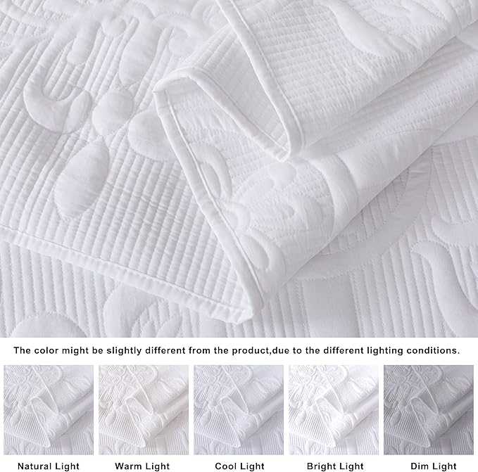 B2EVER White Damask Quilt Queen Size Bedding Sets with 2 Pillow Shams, Boho Bedspread Lightweight Soft Farmhouse Vintage Bohemian Coverlet Retro Jacquard Pattern Bed Cover for All Season, 3 Pieces