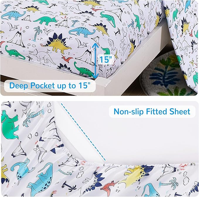 Viviland Kids Twin Bedding Sets for Boys, Soft Twin Comforter Set with Sheets, 5 Pieces Microfiber Bed in a Bag, Blue Dinosaur