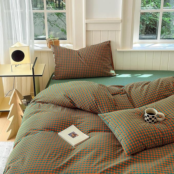 LifeTB Gingham Comforter Set King Modern Style Plaid Checkered Pattern Comforter Soft Fluffy Gingham Bedding Set Lightweight Orange Green Grid Bedding Comforter Fluffy Checkered Comforter Set