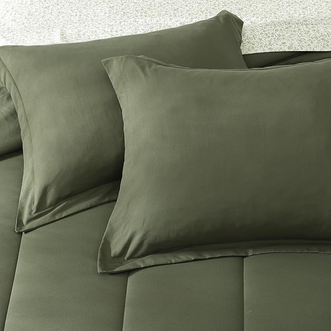 Monbix Full Comforter Set - 7 Pieces Olive Green Bed in a Bag Full Size Track Stitching Bedding Sets, All Seasons Comforter with Sheets, Pillowcases & Shams
