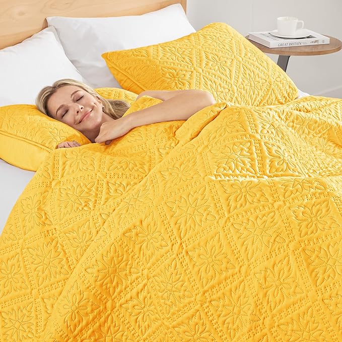 Exclusivo Mezcla Queen Quilt Bedding Set, Lightweight Soft Bedspreads Coverlets with 2 Pillow Shams, Modern Bright Yellow Quilts Queen Full Size for All Seasons