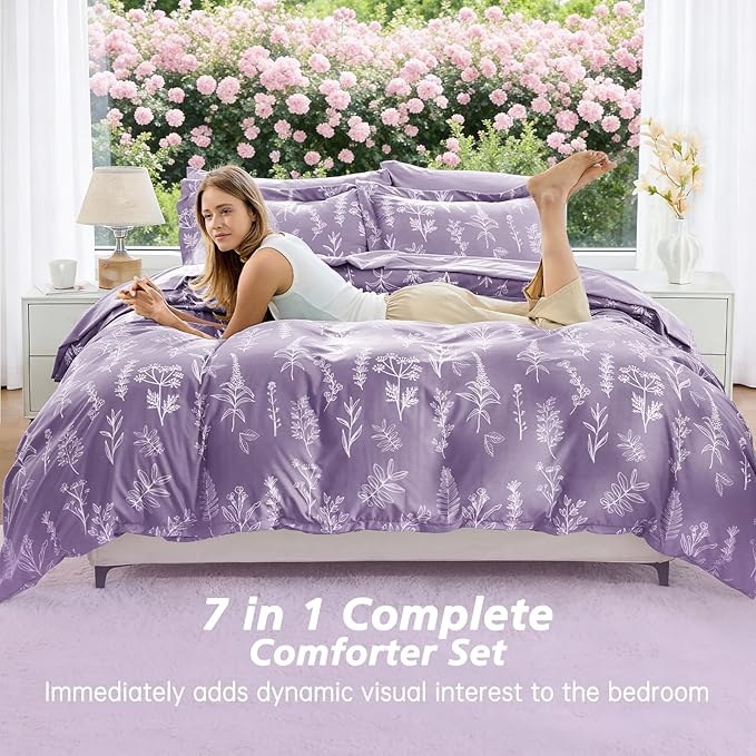 MUXHOMO Grayish Purple Bed in a Bag Queen 7 Pieces, Queen Comforter Set Reversible Botanical Flowers Design, Ultra Soft & Breathable Bedding Sets with Comforter, Sheets, Pillowcases & Shams