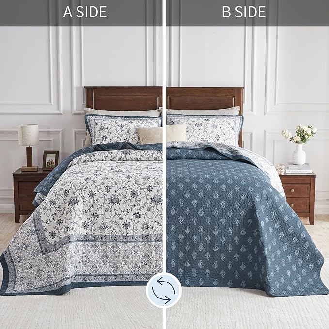 Oversized King Bedspreads 120"x120" - 100% Cotton California King Quilt, Farmhouse Blue Floral Pattern, Extra Large Quilted Coverlet, Lightweight Reversible XL Bedding Set, 3 Pcs