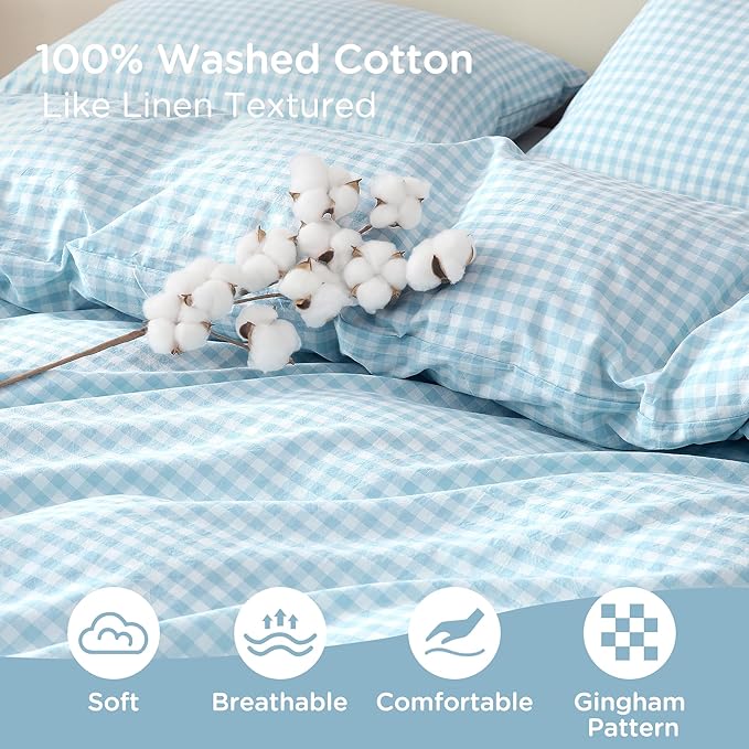 TOCOMOA Light Blue Gingham Duvet Cover Bedding Set 100% Washed Cotton Like Linen Feel Super Soft Comfy 3 Piece Vintage Plaid Checkered Comforter Cover Set (King 104"x90", Comforter Not Included)