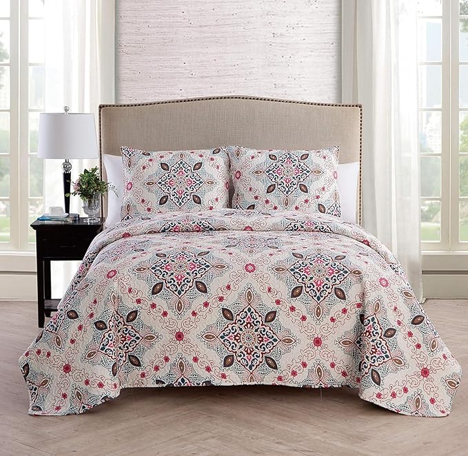 VCNY Home - King Quilt Set, 3-Piece Medallion Bedding with Matching Shams, Cozy Room Décor (Wyndham Blue/Multi, King)