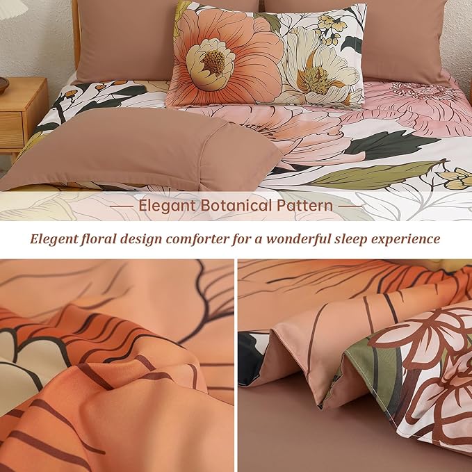 Xruibed Floral Comforter Set Queen Size 7 Pieces Bed in a Bag Pink Flower Bedding Comforter Sets Lightweight Boho Bed Set with Sheet,Pillowcases&Shams for All Season
