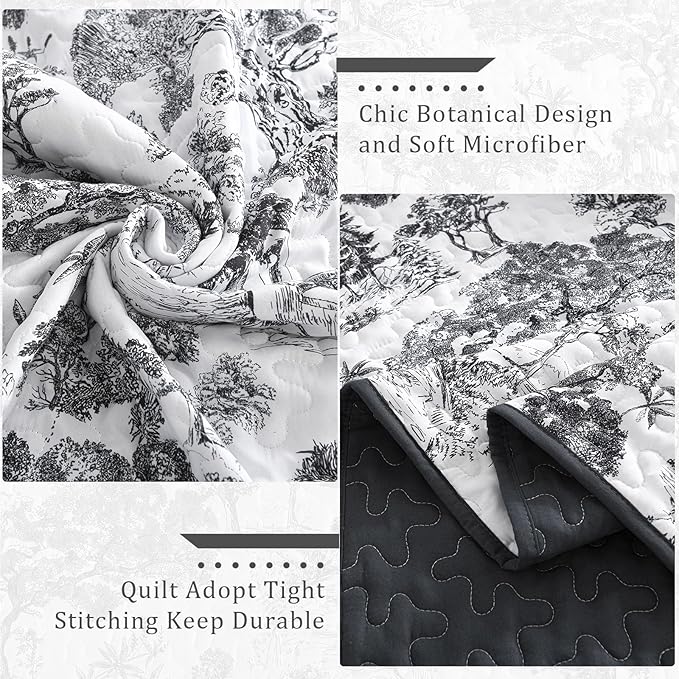 WONGS BEDDING Botanical Quilt Set Full Size, Black 3 Pieces Toile Floral Plants Printed Bedspread Bedding Set Soft Lightweight Microfiber Coverlet Set for All Season (90"x78")