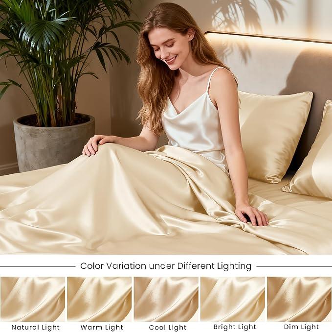 Love's cabin Twin Satin Sheets Sets - 3 Piece Beige Silky Bed Sheets with Deep Pockets, Luxury Silk Feel Satin Twin Size Sheet Set Bedding Set (1 Flat Sheet,1 Fitted Sheet,1 Pillow case)