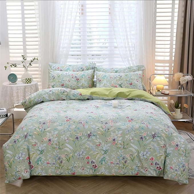 URBONUR Green Floral Duvet Cover Set King Size 100% Egyptian Cotton Bedding Set Farmhouse Butterfly Print Comforter Cover with Button Closure (3Pcs, King)