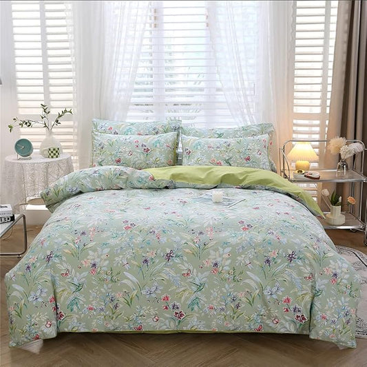 URBONUR Green Floral Duvet Cover Set King Size 100% Egyptian Cotton Bedding Set Farmhouse Butterfly Print Comforter Cover with Button Closure (3Pcs, King)