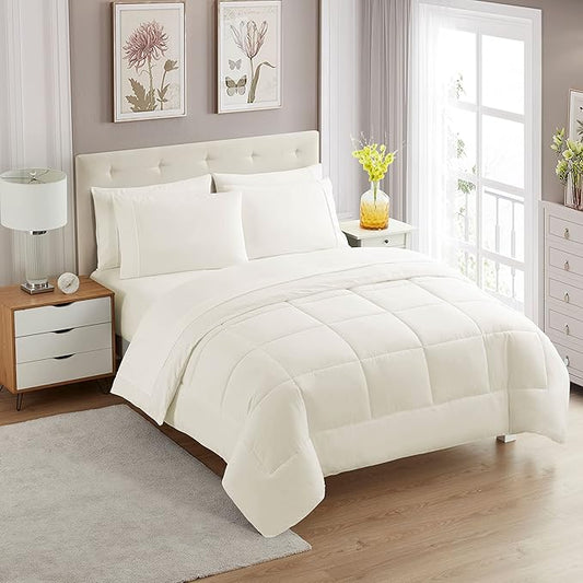 Sweet Home Collection 7 Piece Comforter Set Bag Solid Color All Season Soft Down Alternative Blanket & Luxurious Microfiber Bed Sheets, Ivory, Queen