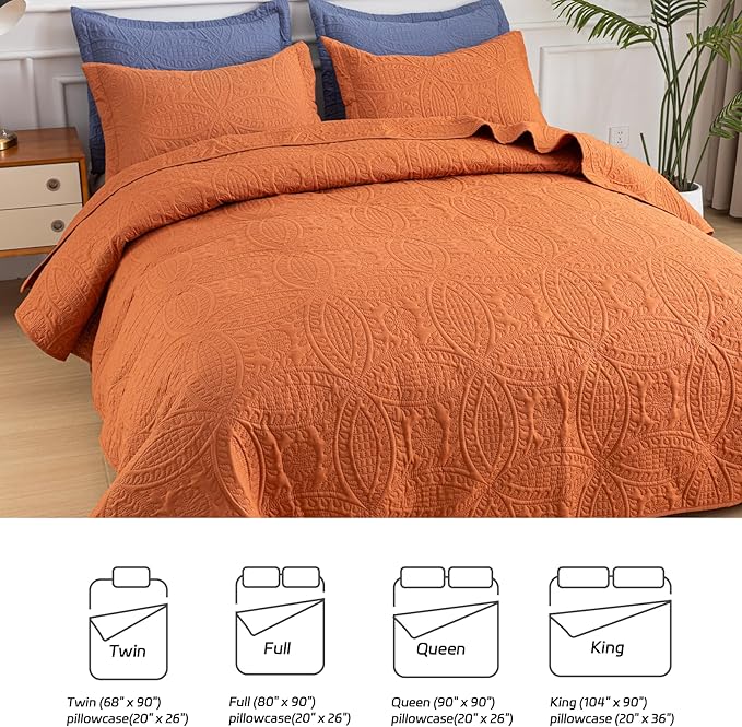 SheRest Twin Quilt Bedding Set - Soft Breathable Bed Quilt, Modern Style Embossed Bedspreads, Lightweight Microfiber Coverlet for All Seasons, Burnt Orange, 1 Quilt&1 Pillow Sham