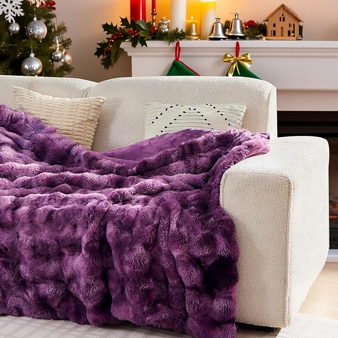 Lotus Karen Faux Fur Throw Blanket Tie-dye Violet - Big Bubble Rabbit Fluff Blanket for Couch Bed Sofa,Softest Fluffy Fuzzy Cozy Blanket,Thick Furry Plush Shaggy Warm Blankets for Women,60x80 Inches