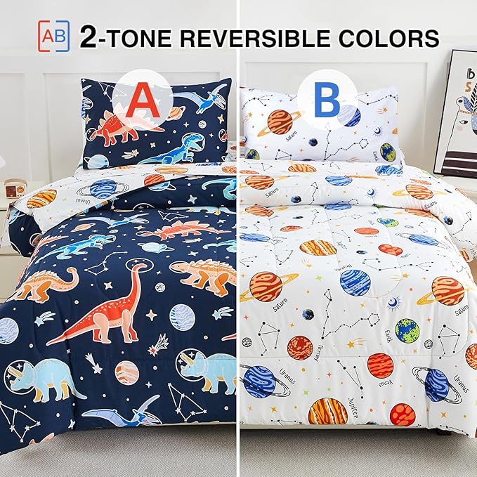 A Nice Night 5pc Glow in The Dark Kids Comforter Set,Dinosaur Galaxy Printed, Space Bedding Set Full Size for Boys Girls Teen