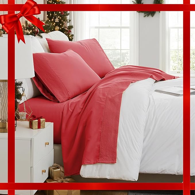 Southshore Fine Living, Inc. Pleated, 4-Piece King Size Sheets Set, 21-Inch Deep Pocket King Sheet Set, 1 Fitted Sheet, 1 Oversized Flat, 2 Red Pillow Cases, Chili Pepper Red Sheets