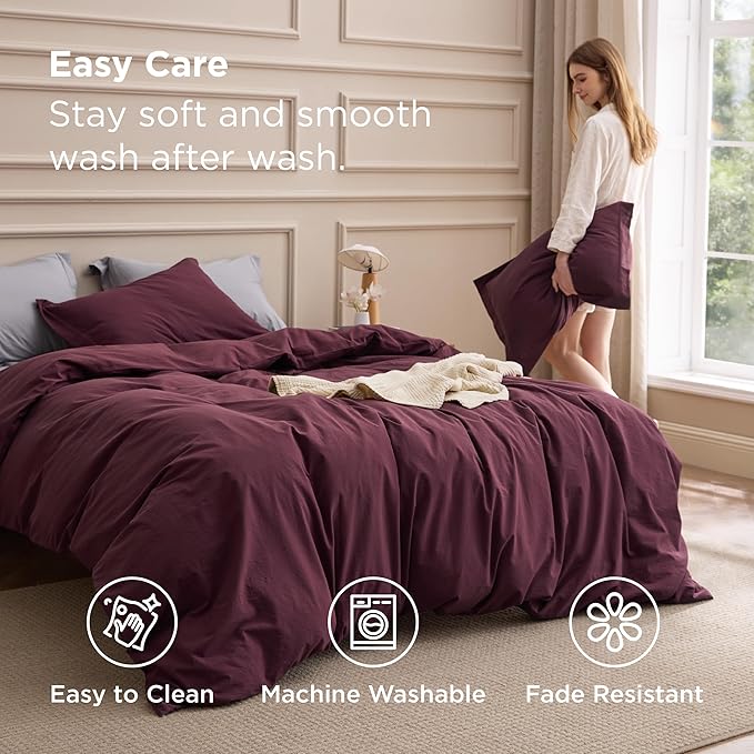 Bedsure 100% Washed Cotton Duvet Cover King Size - Burgundy Minimalist Cotton Duvet Cover Linen Like for All Seasons - GentleSoft™ Plain Simple Bedding (Burgundy, King, 104"x90")