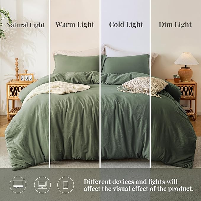MILDLY Super Soft Duvet Cover 2pcs - 100% Washed Microfiber Olive Green Comforter Cover Set with Zipper Closure & Corner Ties (No Comforter)