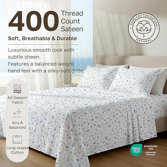 California Design Den Printed Twin XL Sheet Sets - 400 Thread Count Sateen, Natural 100% Cotton Sheets, Deep Pockets, and Durable Bedding Set - Blooming Meadows