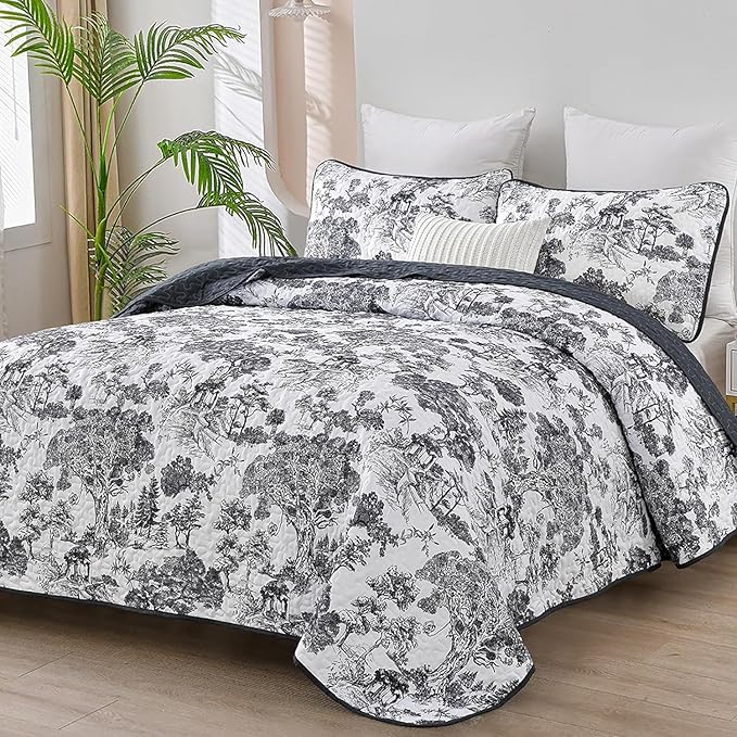 WONGS BEDDING Botanical Quilt Set Full Size, Black 3 Pieces Toile Floral Plants Printed Bedspread Bedding Set Soft Lightweight Microfiber Coverlet Set for All Season (90"x78")