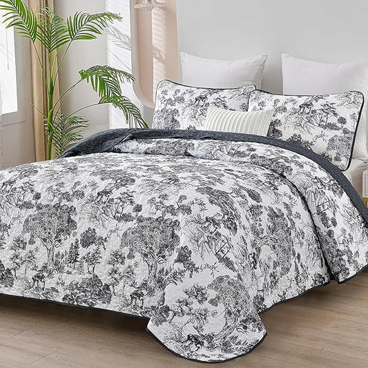 WONGS BEDDING Botanical Quilt Set Full Size, Black 3 Pieces Toile Floral Plants Printed Bedspread Bedding Set Soft Lightweight Microfiber Coverlet Set for All Season (90"x78")