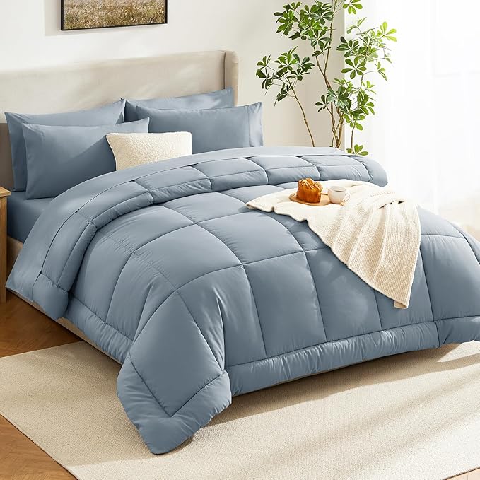 CozyLux Oversized King Comforter Sets Grayish Blue, 7 Pieces Bed in a Bag, Ultra-Soft All Season Bedding Sets with Stitch Quilted Comforter, Flat Sheet, Fitted Sheet, Pillowcases, Grayish Blue