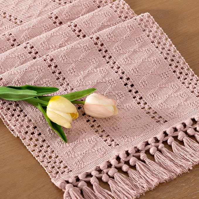 Socomi Boho Table Runner Easter Spring Farmhouse Rustic Dining Kitchen Centerpiece Decor Small Macrame Woven Cotton Linen Coffee Table Runner for Dresser Scarf Home Decor 12x48 in Pink