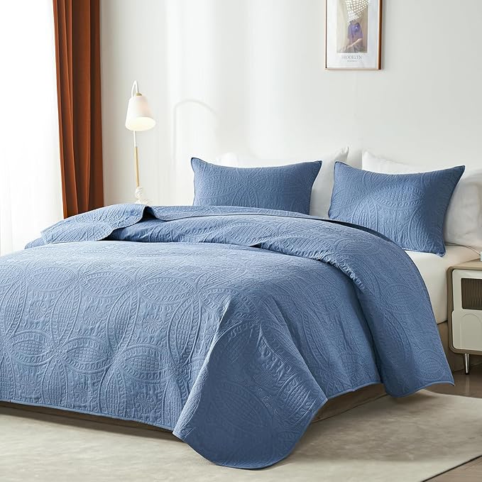 akkialla Queen Quilt Bedding Set,Bluish Grey Ultrasonic Full/Queen Quilt Set,Lightweight Soft Bedspread Coverlet,Modern Style Coin Pattern Bed Cover for All Seasons,3 Piece(1 Quilt,2 Pillow Shams)