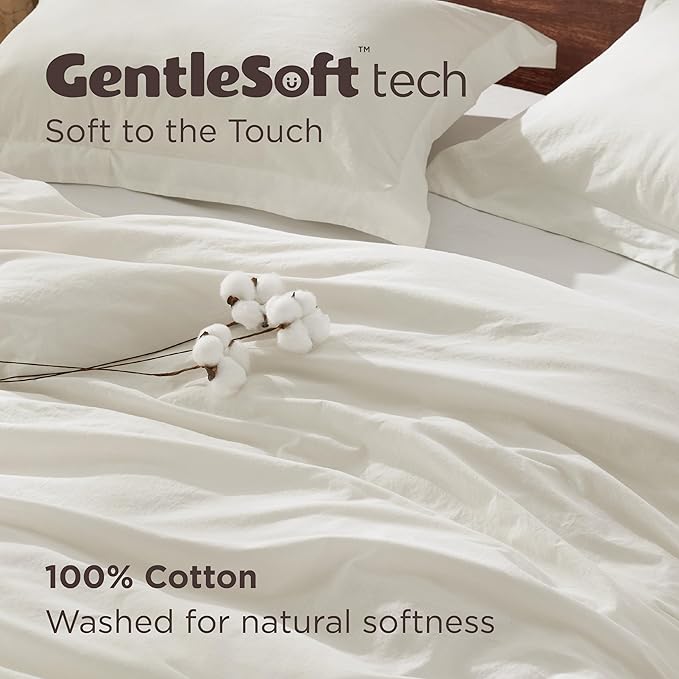 Bedsure 100% Washed Cotton Duvet Cover King Size - Ivory Minimalist Cotton Duvet Cover Linen Like for All Seasons - GentleSoft™ Plain Simple Bedding, 3 Pieces (Ivory, King, 104"x90")