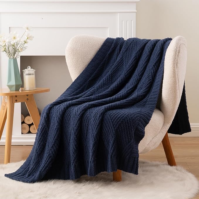 Battilo Navy Diamond Knit Throw Blanket for Couch and Bed, Soft Textured Chenille Blanket, Cozy Lightweight Decorative Blanket for Sofa, 50"x60"