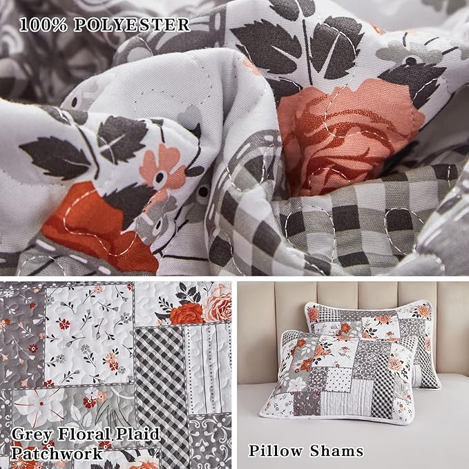 Patchwork Quilt Set Full/Queen Size, 3 Pieces Grey Floral Plaid Summer Bedspread Coverlet Set, Soft Microfiber Reversible Lightweight Bed Cover for All Season (90" x 90", 1 Quilt+ 2 Pillow Shams)