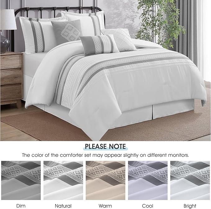 7 Piece Comforter Set, Grey White, California King, Boho Style Geometric Microfiber Embroidery, Bed in a Bag with Bedskirt, Pillow Shams and Decor Pillows
