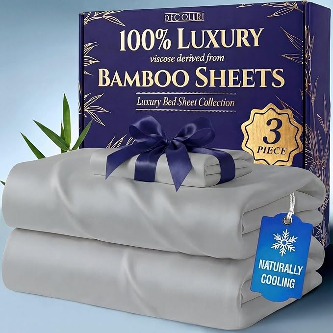 DECOLURE 100% Viscose Derived from Bamboo Sheets Twin Size - Luxury 3 Pc Naturally Cooling Sheets, Ultra Soft Bed Set - Deep 17" Pockets, Durable Double Stitching, Oeko Tex Standard (Light Grey)