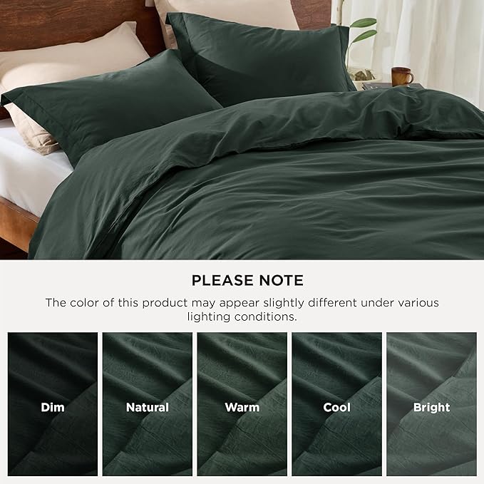 Bedsure 100% Washed Cotton Duvet Cover King Size - Forest Green Minimalist Cotton Duvet Cover Linen Like for All Seasons - GentleSoft™ Plain Simple Bedding (Forest Green, King, 104"x90")