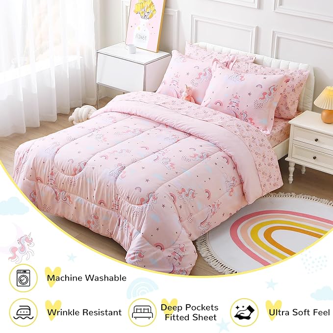 Viviland Kids Full Bedding Sets for Girls, Soft Full Comforter Set with Sheets, 7 Pieces Microfiber Bed in a Bag, Pink Unicorn