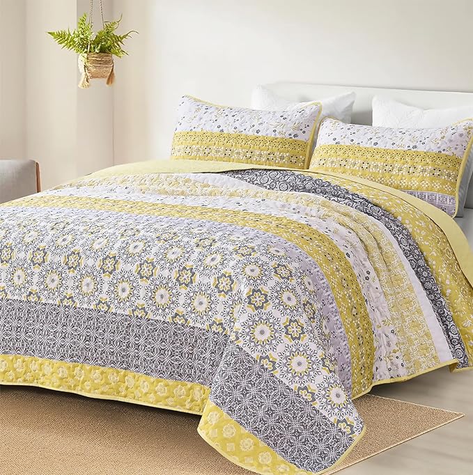 WONGS BEDDING Boho Quilt Set King, Yellow Bohemian Striped Patchwork Bedspread Coverlet Set with 2 Pillowcases,Lightweight Microfiber Floral Bedding Set 104"×90"