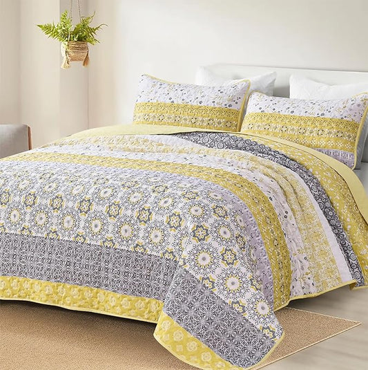 WONGS BEDDING Boho Quilt Set King, Yellow Bohemian Striped Patchwork Bedspread Coverlet Set with 2 Pillowcases,Lightweight Microfiber Floral Bedding Set 104"×90"