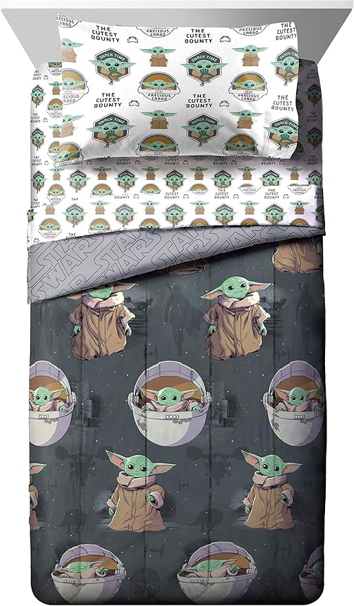 Jay Franco Star Wars The Mandalorian The Child 5 Piece Full Bed Set - Includes Reversible Comforter & Sheet Set - Bedding Features Baby Yoda - Super Soft Fade Resistant Microfiber