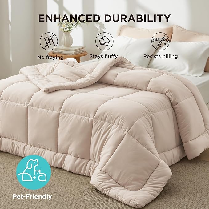Bedsure Comforter Duvet Insert - Quilted Comforters Queen Plus Size, All Season Duvet, GentleSoft Down Alternative Bedding, with 8 Tabs, Gifts for Women/Men,Beige,Queen Plus 90 x 90 Inches