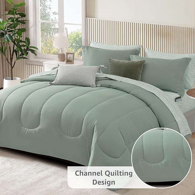 Monbix Full Comforter Set - 7 Pieces Sage Green Bed in a Bag Full Size Track Stitching Bedding Sets, All Seasons Comforter with Sheets,Pillowcases & Shams