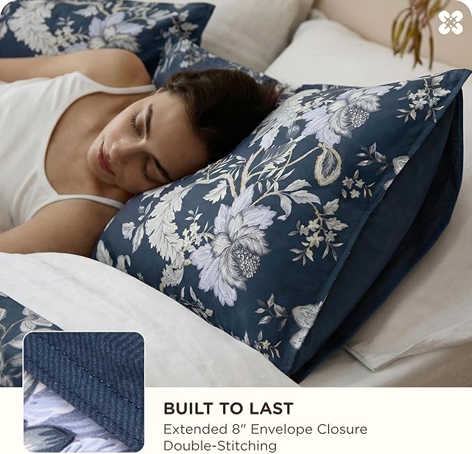 Bedsure 100% Cotton Reversible Duvet Cover Queen Size - Vintage Navy Floral Pattern Printed Comforter Cover with Zipper Closure & 2 Pillow Shams, Comforter Not Included (Vintage Navy Floral, 90"x90")