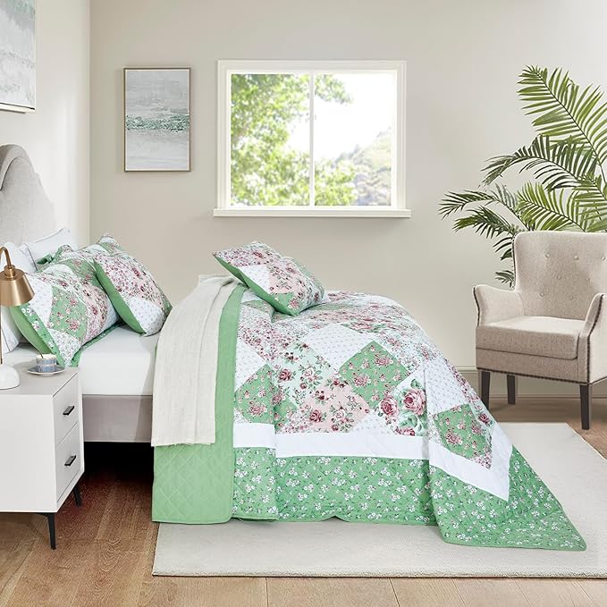 Oversized King Bedspread 128x120 Extra Wide, Farmhouse Patchwork Floral Quilt Bedding Cover, Reversible, 6 Piece, 100% Microfiber, King/California King, Rose